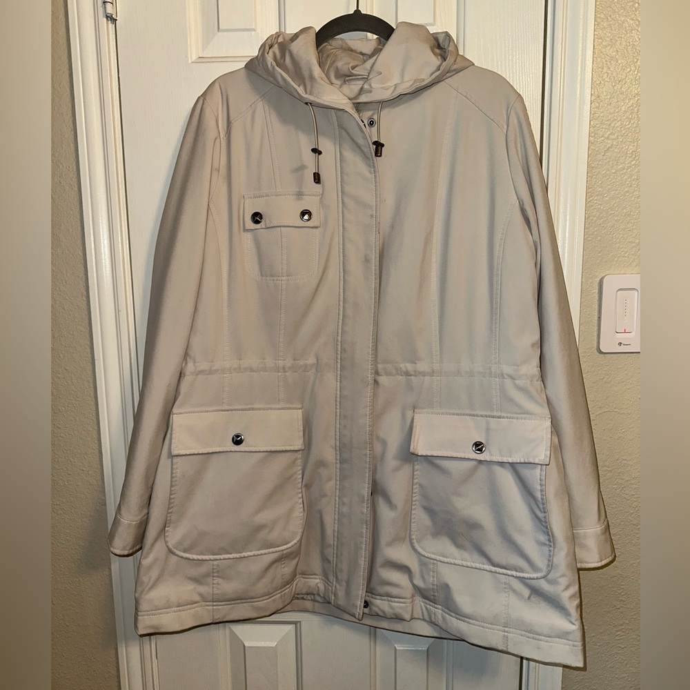Kristen Blake XL Ivory Hooded Overcoat Zip Front Snap Buttons Cinch Waist
